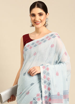 Sky Blue Cotton Saree With Blouse Piece - Indian Silk House Agencies