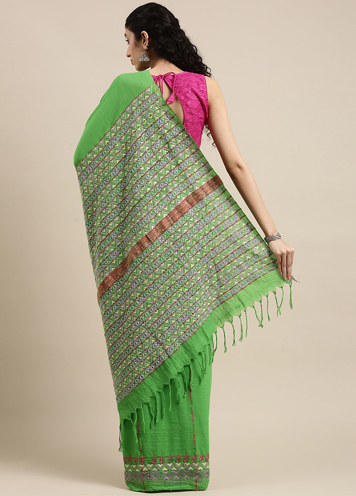 Parrot Green Pure Cotton Saree With Blouse Piece