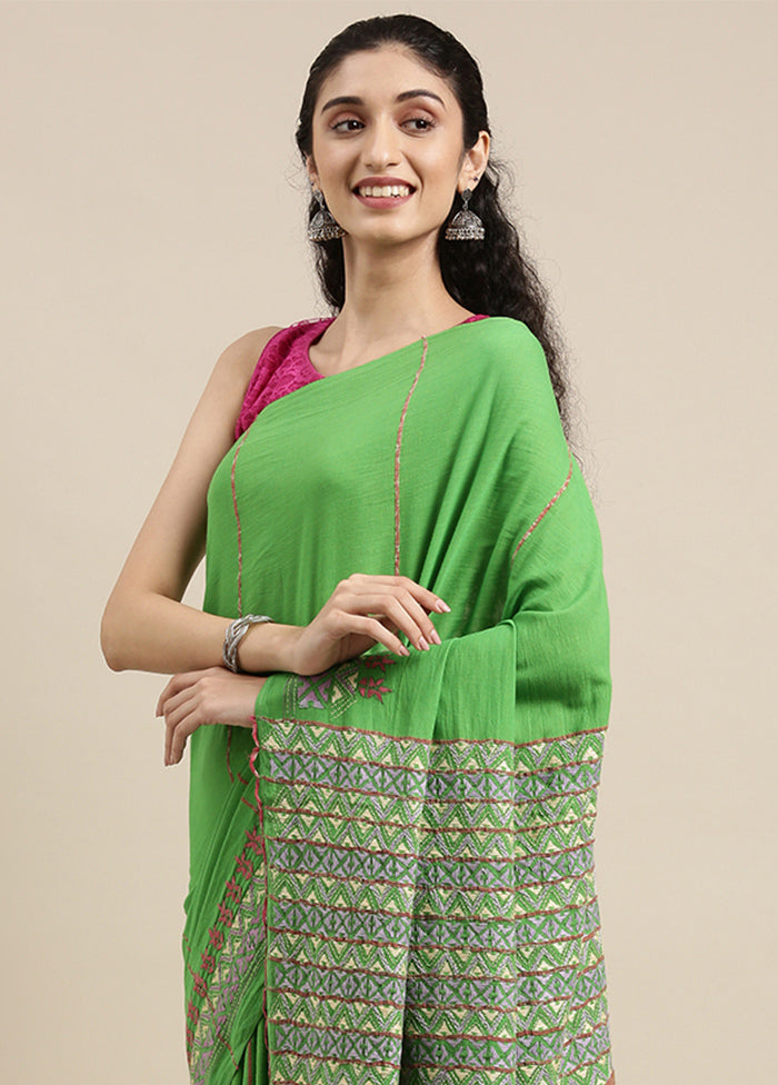 Parrot Green Pure Cotton Saree With Blouse Piece