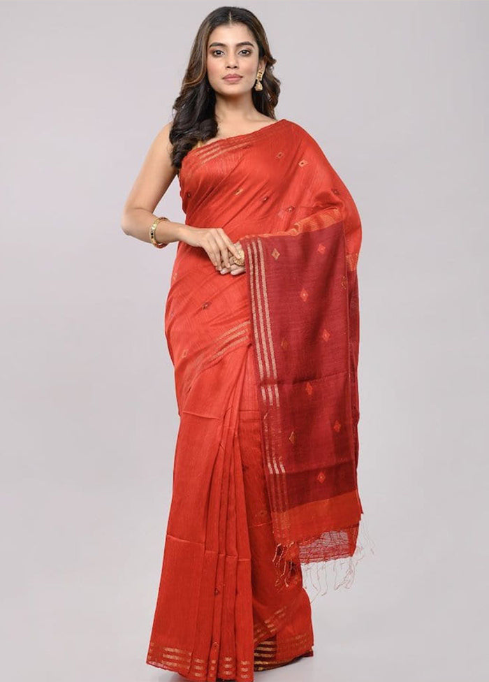 Red Dupion Silk Saree With Blouse Piece