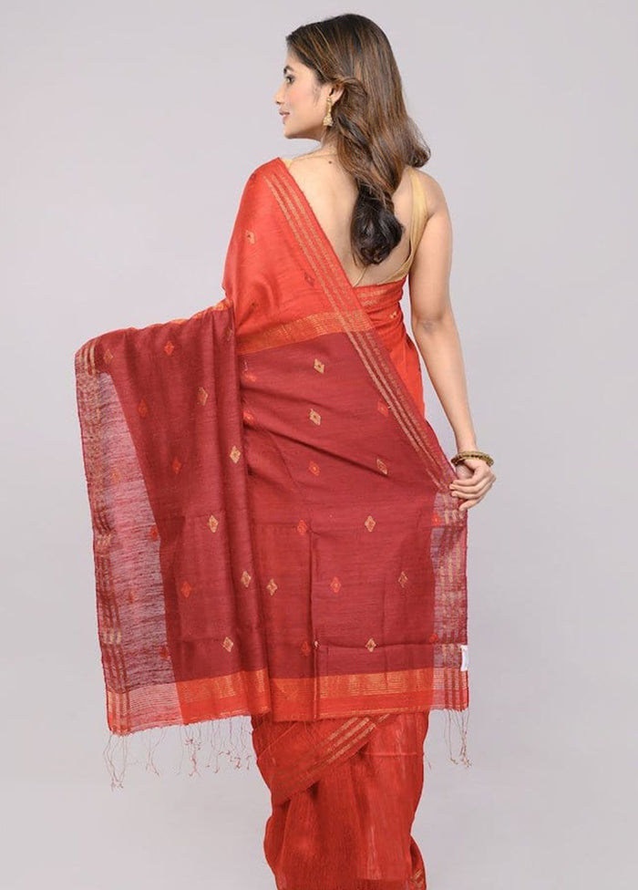 Red Dupion Silk Saree With Blouse Piece - Indian Silk House Agencies