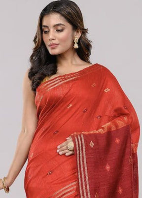 Red Dupion Silk Saree With Blouse Piece - Indian Silk House Agencies