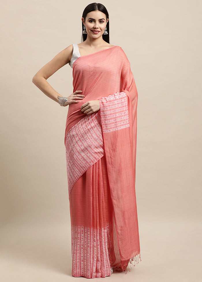 Coral Pink Pure Cotton Saree With Blouse Piece
