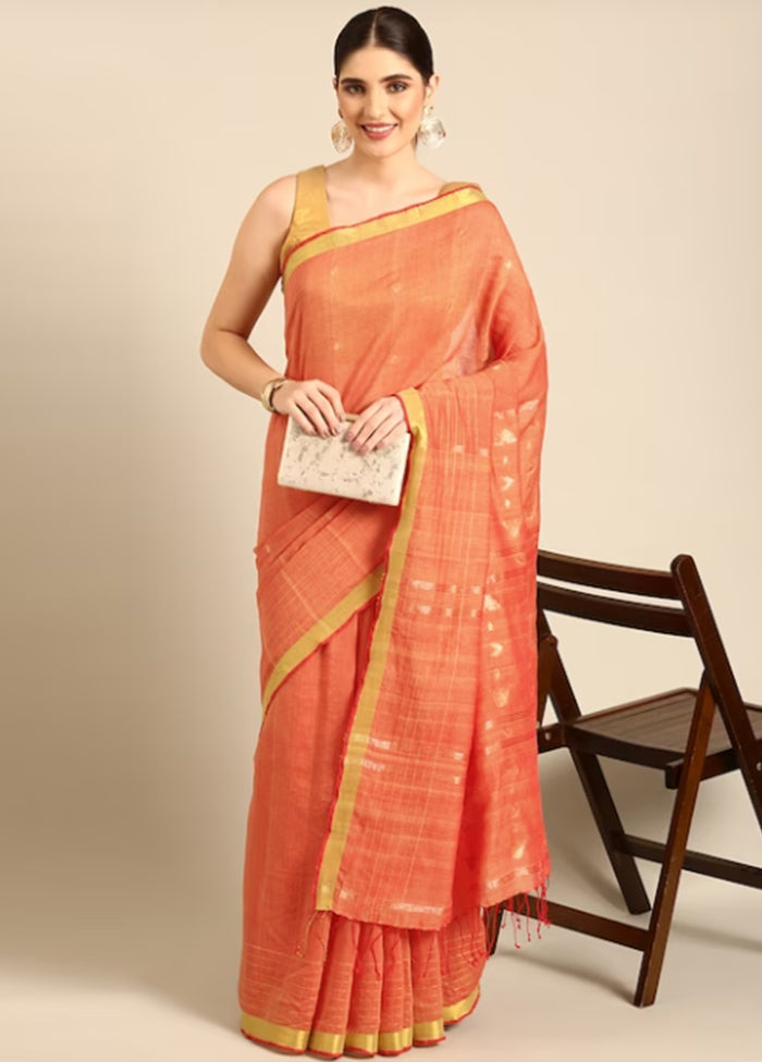 Orange Pure Cotton Saree With Blouse Piece