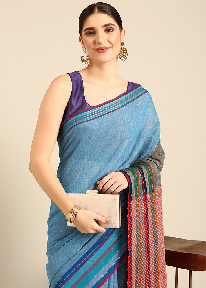 Blue Pure Cotton Saree With Blouse Piece