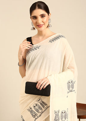 Cream Pure Cotton Saree With Blouse Piece