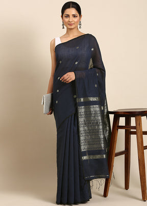 Navy blue Dupion Pure Silk Saree With Blouse Piece