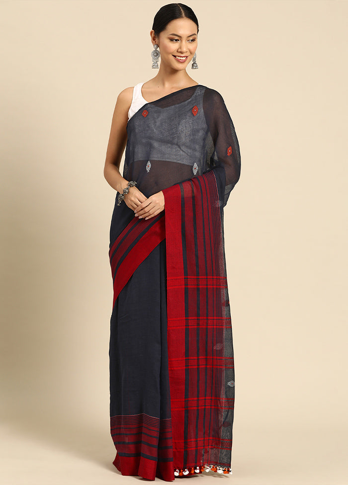 Navy Blue Pure Cotton Saree With Blouse Piece