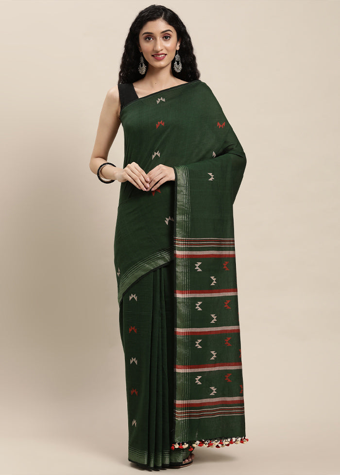 Bottle Green Pure Cotton Saree With Blouse Piece