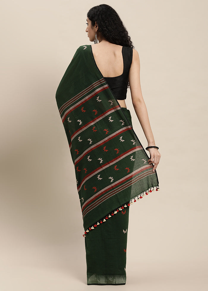 Bottle Green Pure Cotton Saree With Blouse Piece