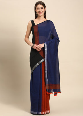 Navy Blue Pure Cotton Saree With Blouse Piece