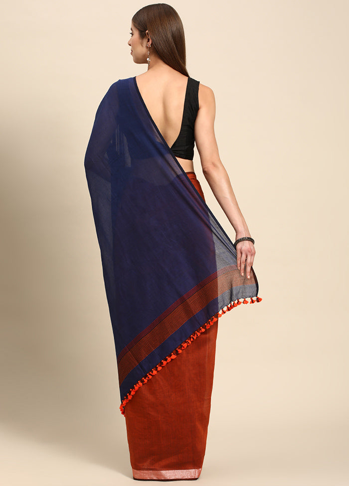 Navy Blue Pure Cotton Saree With Blouse Piece