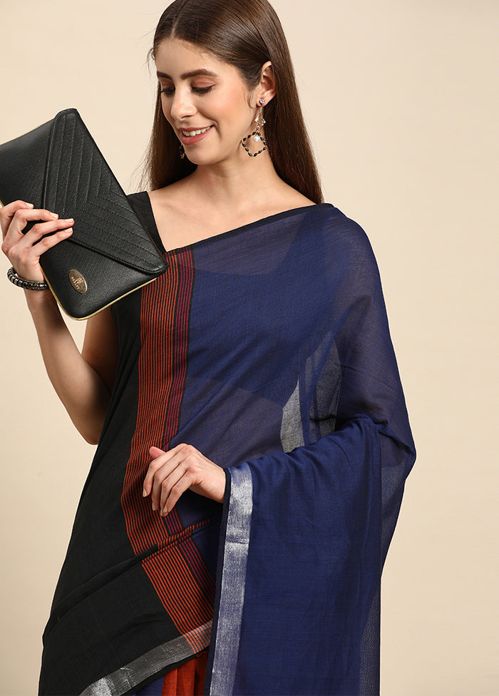 Navy Blue Pure Cotton Saree With Blouse Piece