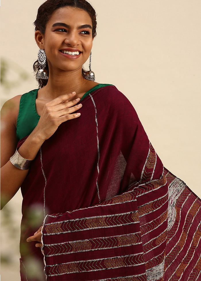 Maroon Pure Cotton Saree With Blouse Piece