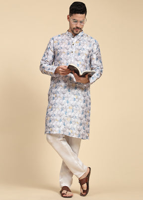 Multicolor Mandarin Collar Dupion Silk Kurta - Indian Silk House Agencies