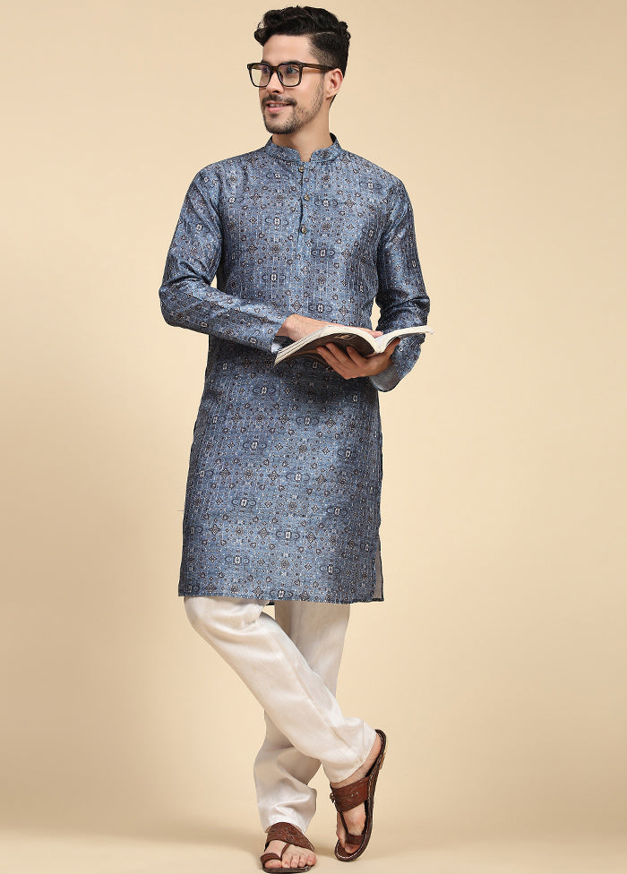 Multicolor Mandarin Collar Dupion Silk Kurta - Indian Silk House Agencies