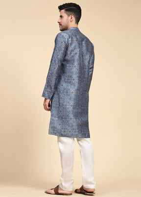 Multicolor Mandarin Collar Dupion Silk Kurta - Indian Silk House Agencies