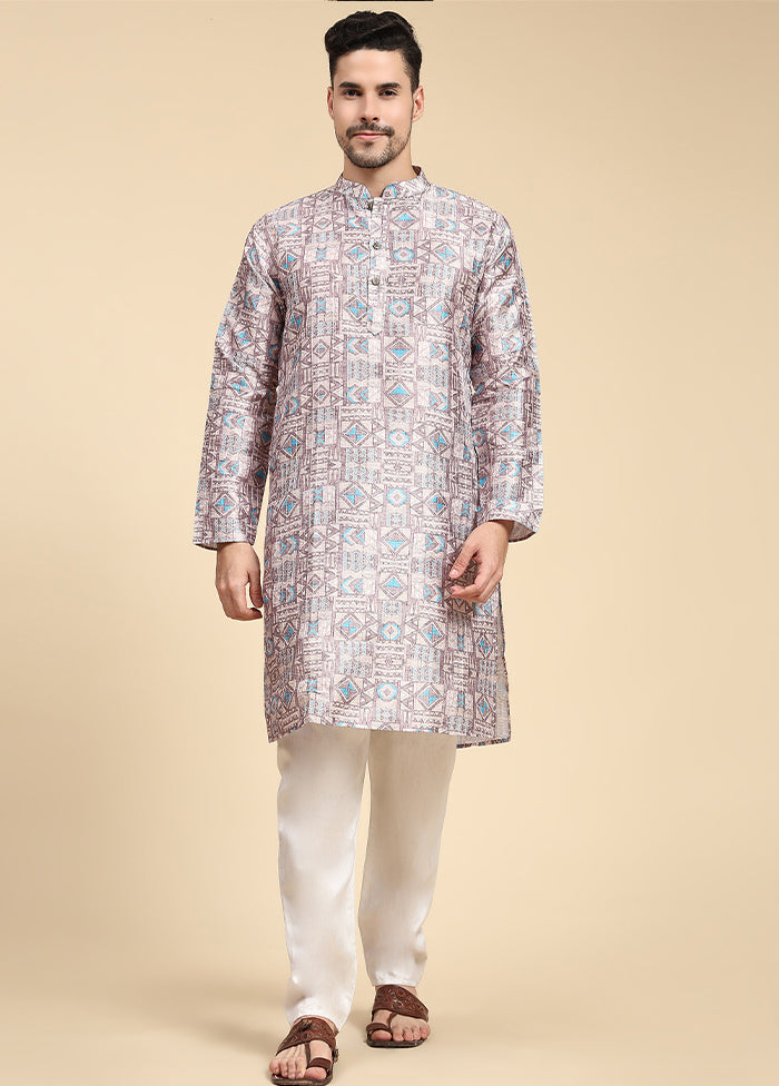 Multicolor Mandarin Collar Dupion Silk Kurta - Indian Silk House Agencies