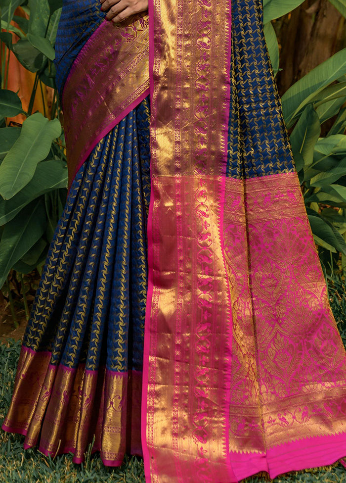 Navy Blue Dupion Silk Saree With Blouse Piece - Indian Silk House Agencies