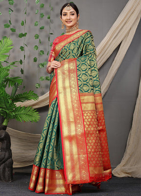 Green Dupion Silk Saree With Blouse Piece - Indian Silk House Agencies