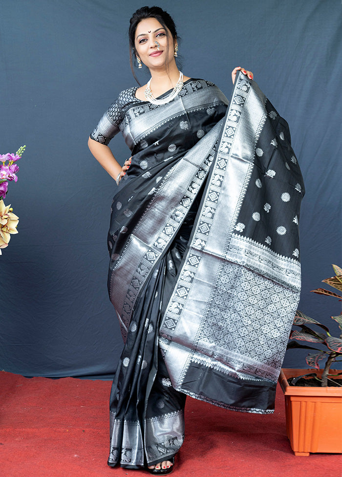 Black Dupion Silk Saree With Blouse Piece - Indian Silk House Agencies