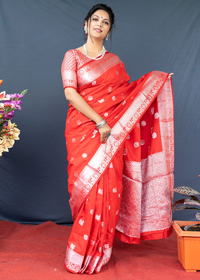 Red Dupion Silk Saree With Blouse Piece - Indian Silk House Agencies