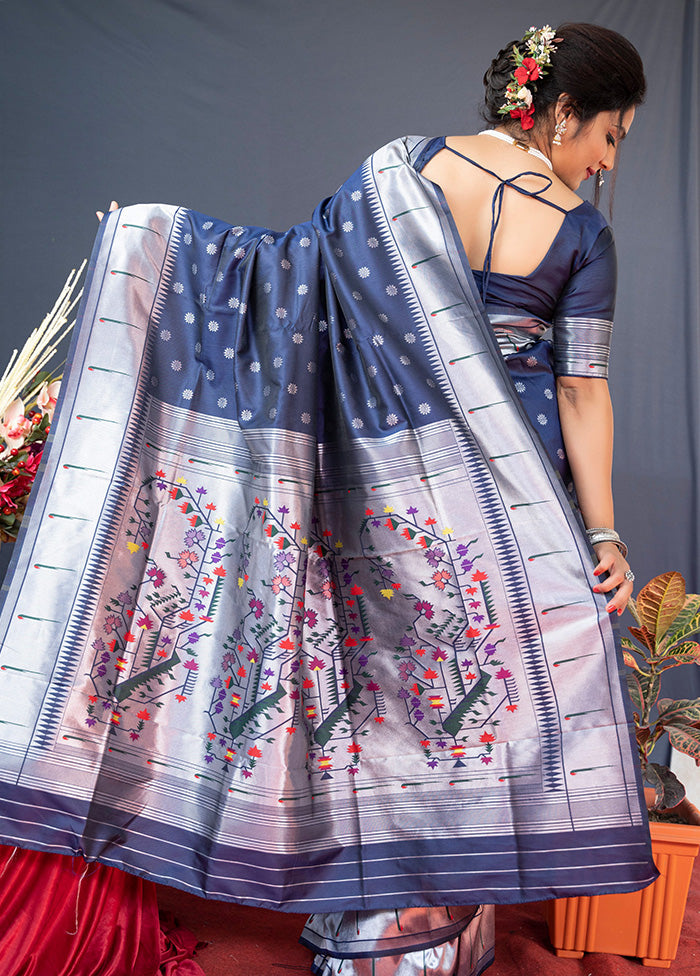 Navy Blue Dupion Silk Saree With Blouse Piece - Indian Silk House Agencies