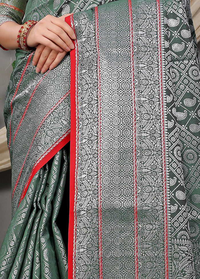 Dark Green Dupion Silk Saree With Blouse Piece - Indian Silk House Agencies