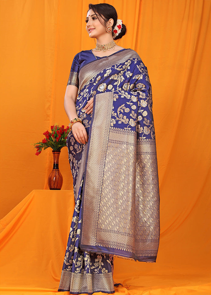 Navy Blue Dupion Silk Saree With Blouse Piece - Indian Silk House Agencies