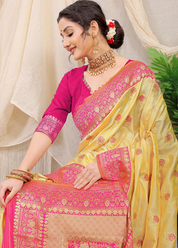 Light Yellow Dupion Silk Saree With Blouse Piece - Indian Silk House Agencies