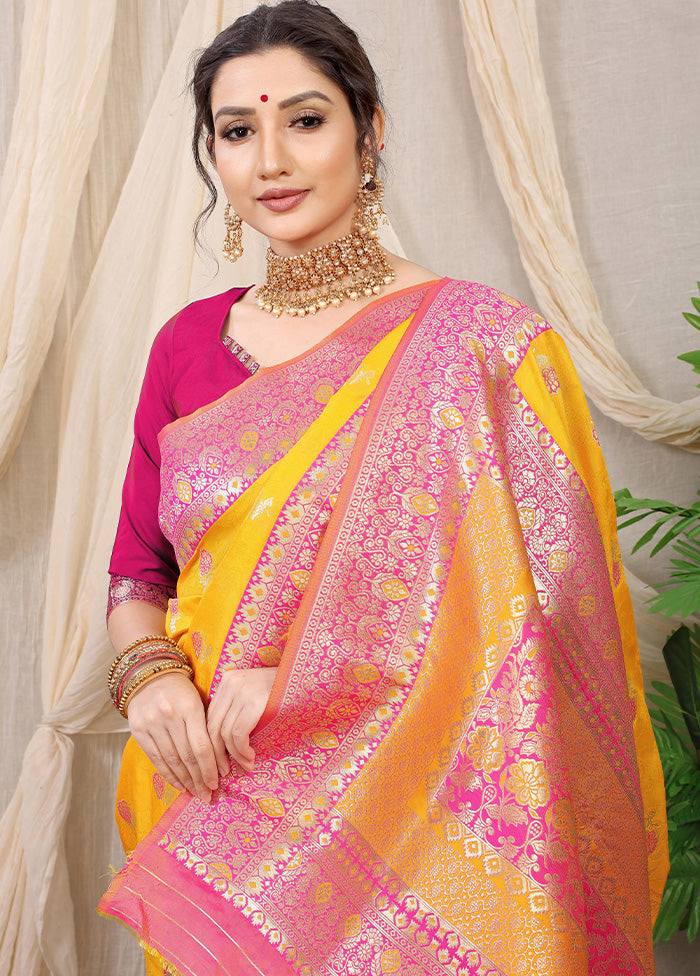 Yellow Dupion Silk Saree With Blouse Piece - Indian Silk House Agencies