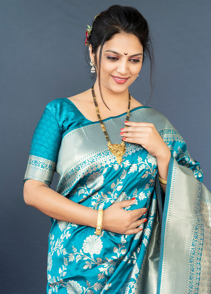 Teal Dupion Silk Saree With Blouse Piece - Indian Silk House Agencies