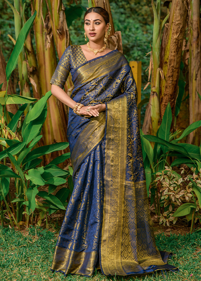 Navy Blue Dupion Silk Saree With Blouse Piece - Indian Silk House Agencies