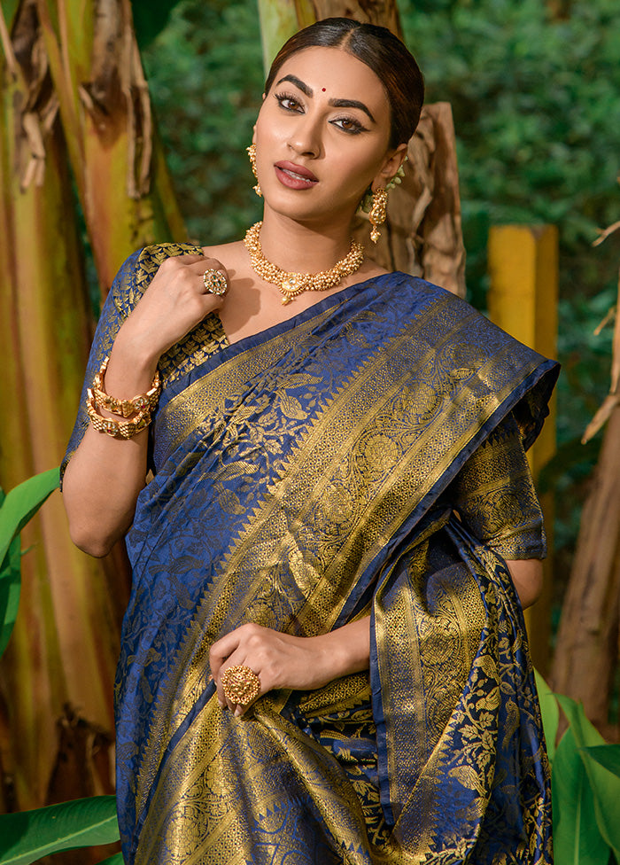 Navy Blue Dupion Silk Saree With Blouse Piece - Indian Silk House Agencies