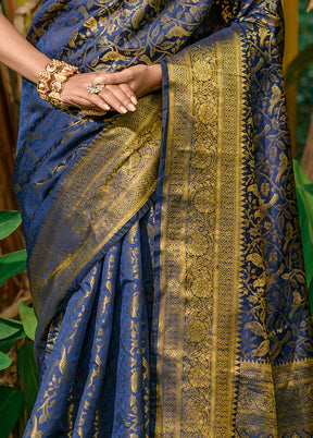 Navy Blue Dupion Silk Saree With Blouse Piece - Indian Silk House Agencies