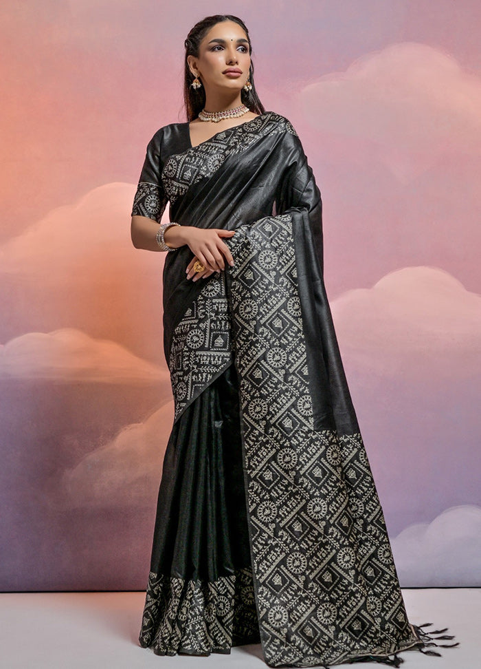 Black Dupion Silk Saree With Blouse Piece - Indian Silk House Agencies