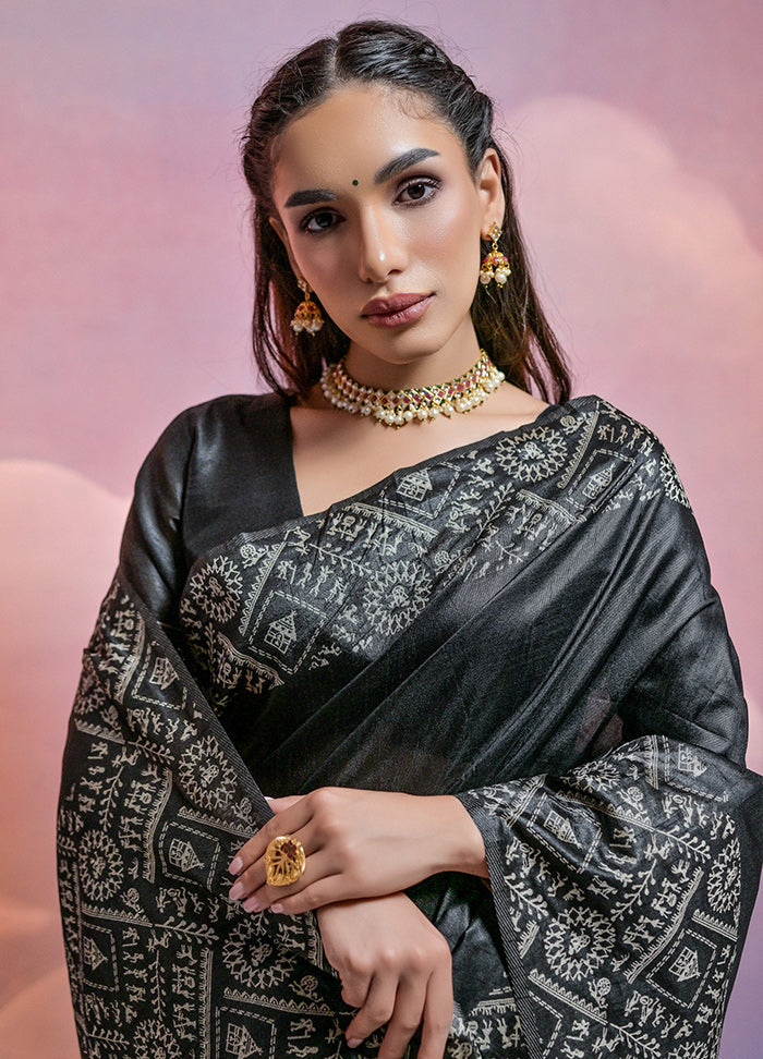 Black Dupion Silk Saree With Blouse Piece - Indian Silk House Agencies