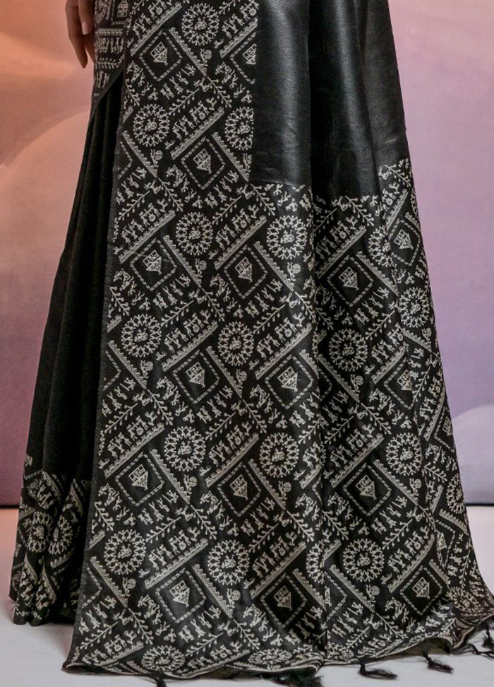 Black Dupion Silk Saree With Blouse Piece - Indian Silk House Agencies