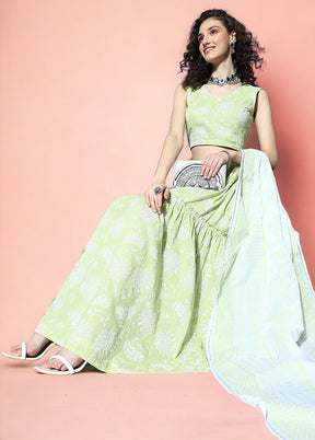 Pista Green Cotton Readymade Lehenga With Dupatta