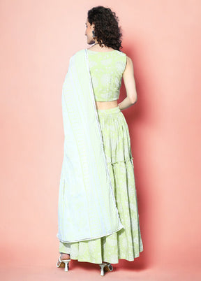 Pista Green Cotton Readymade Lehenga With Dupatta