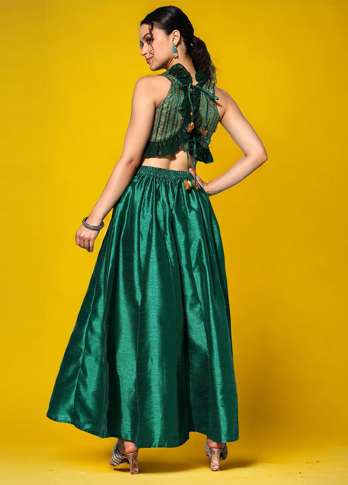 2 Pc Dark Green Readymade Silk Top Set