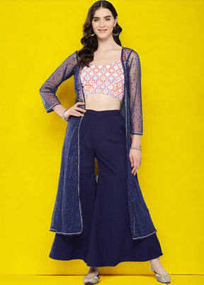 3 Pc Navy Blue Readymade Silk Top Set