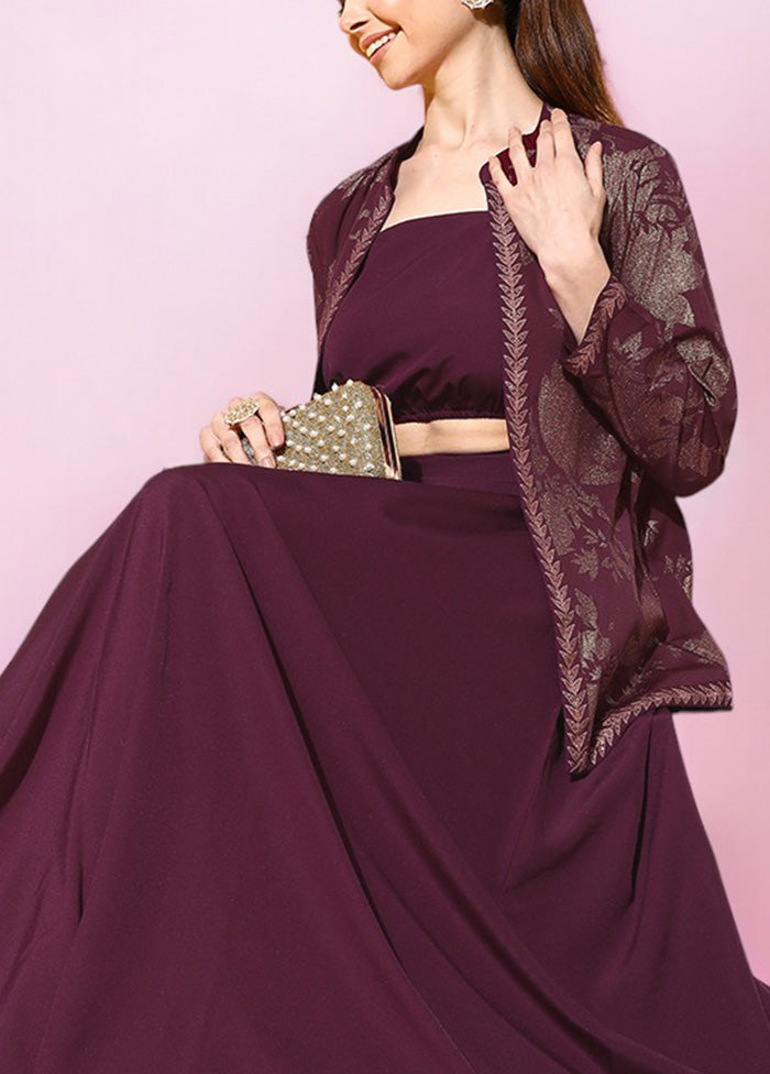 3 Pc Burgundy Readymade Silk Top Set