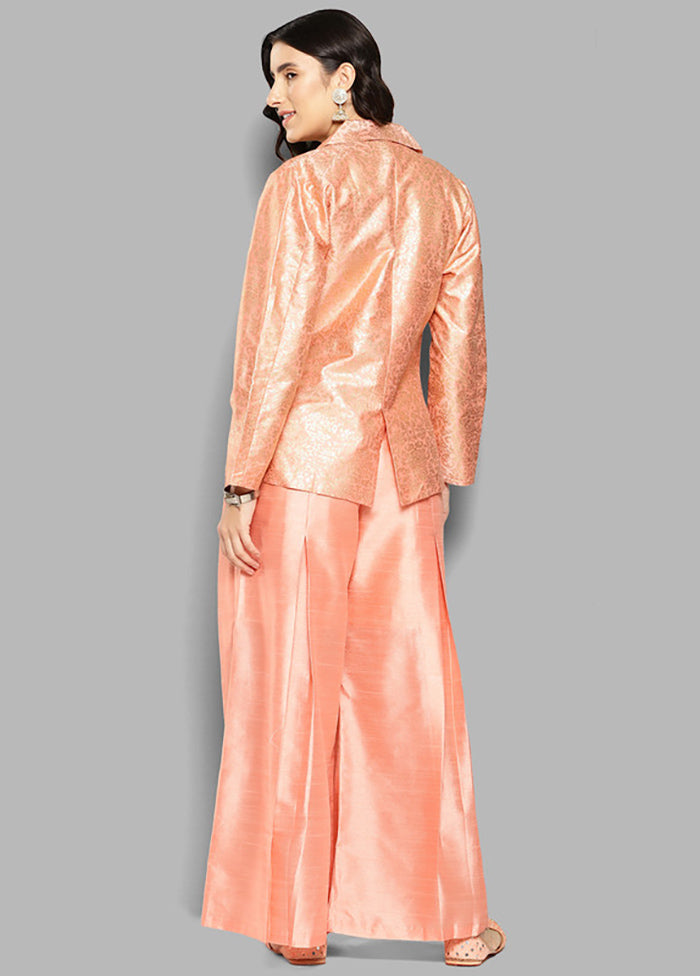 2 Pc Peach Readymade Silk Coat Set