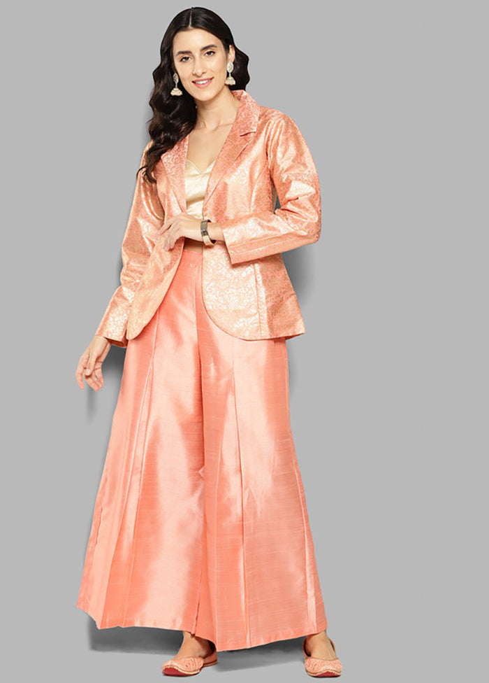 2 Pc Peach Readymade Silk Coat Set