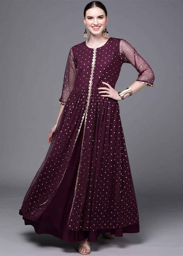 Wine Readymade Net Indian Dress