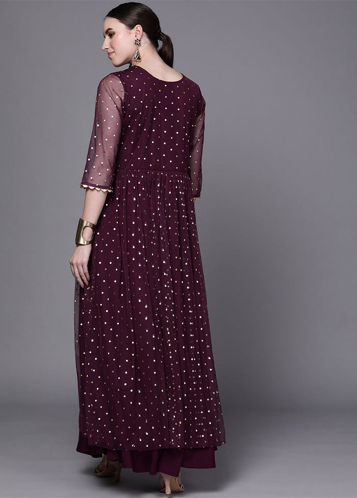 Wine Readymade Net Indian Dress