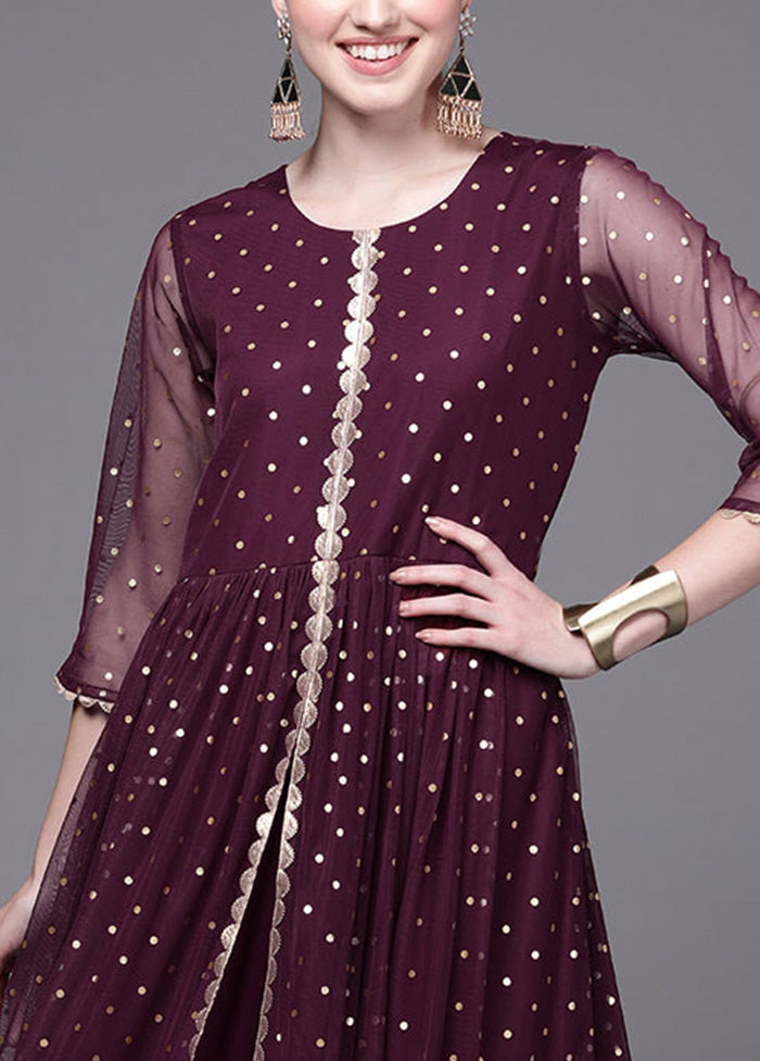 Wine Readymade Net Indian Dress