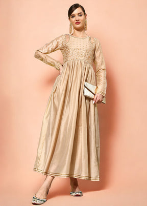 Beige Readymade Chanderi Indian Dress