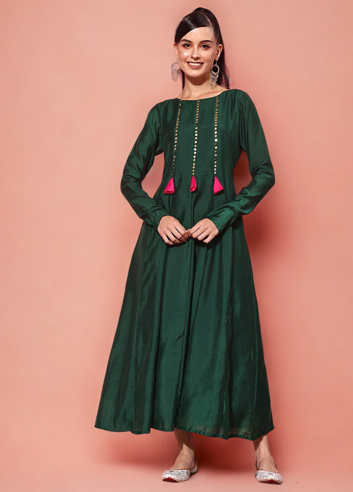 Green Readymade Chanderi Indian Dress